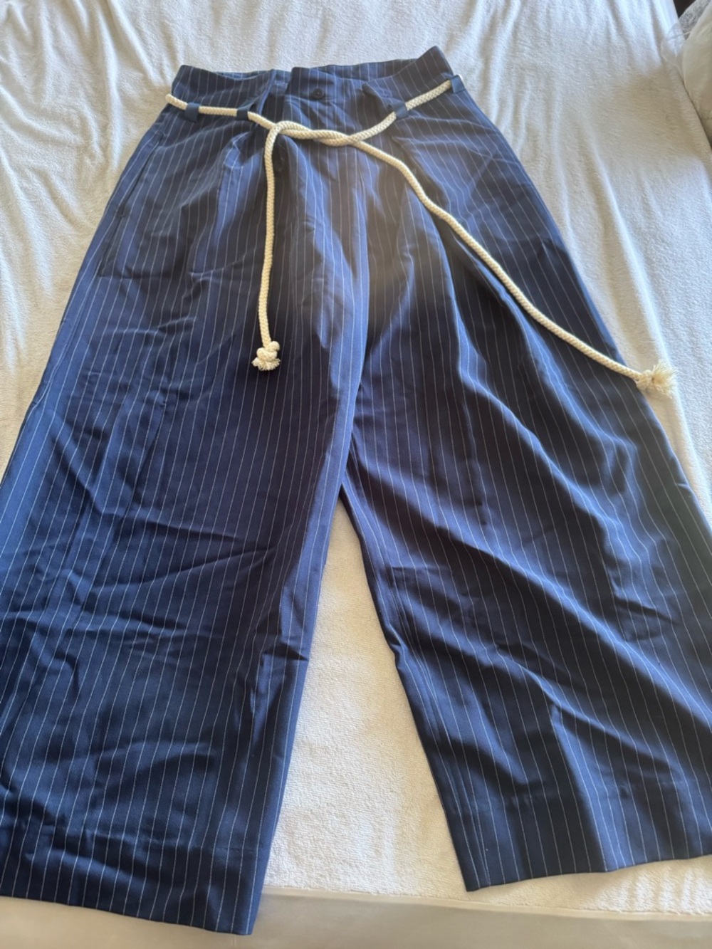 Free People Navy Pinstripe Wide-Leg Chinos with Rope Drawstring